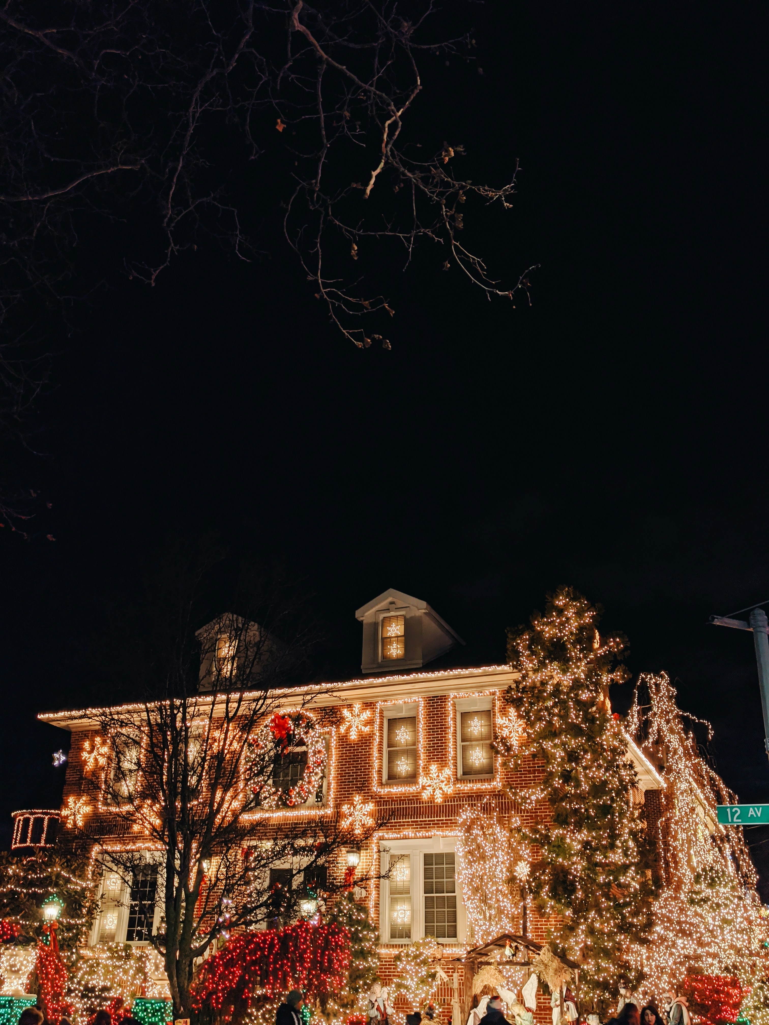 Warm white Christmas tree lighting framing a Long Island entryway