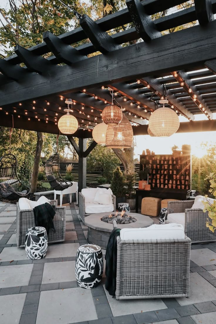Outdoor pendant lighting over a patio on Long Island